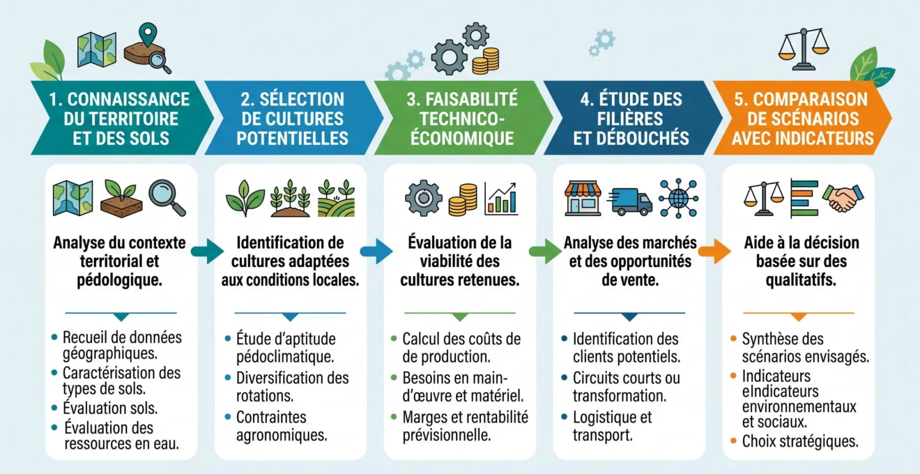 Schéma des étapes d'une étude de faisabilité de diversification agricole