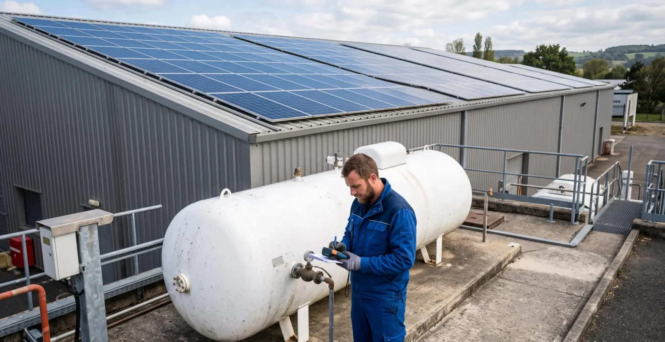 Site professionnel français montrant une installation de panneaux solaires sur toiture et une citerne de propane au sol, avec un technicien inspectant l'équipement propane