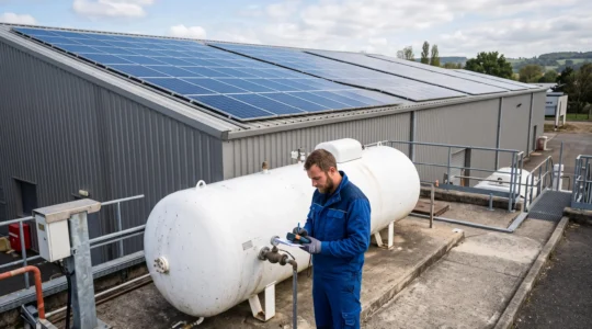 Site professionnel français montrant une installation de panneaux solaires sur toiture et une citerne de propane au sol, avec un technicien inspectant l'équipement propane