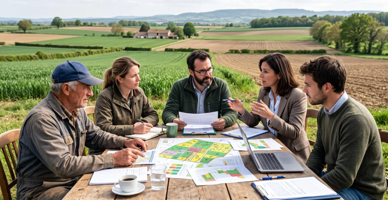 Réunion de travail entre agriculteurs, techniciens et acteurs de filière autour d'une carte agricole