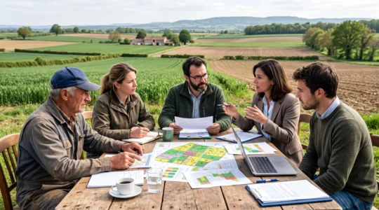 Réunion de travail entre agriculteurs, techniciens et acteurs de filière autour d'une carte agricole