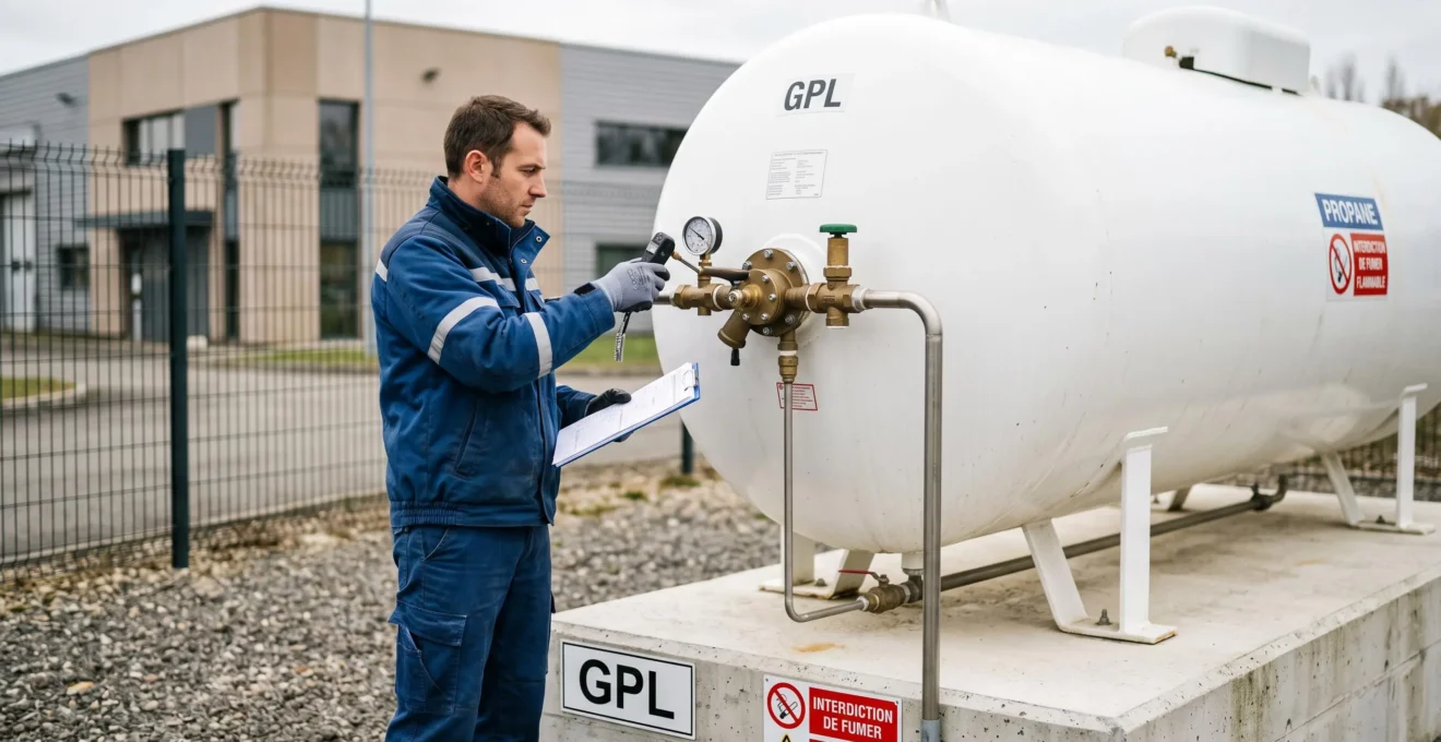 Technicien inspectant une citerne de propane installée sur un site professionnel en France
