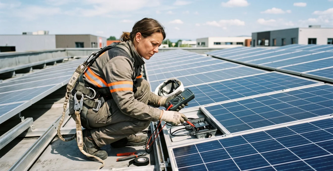 Technicien solaire inspectant des panneaux photovoltaïques sur le toit d'un bâtiment professionnel avec un appareil de mesure