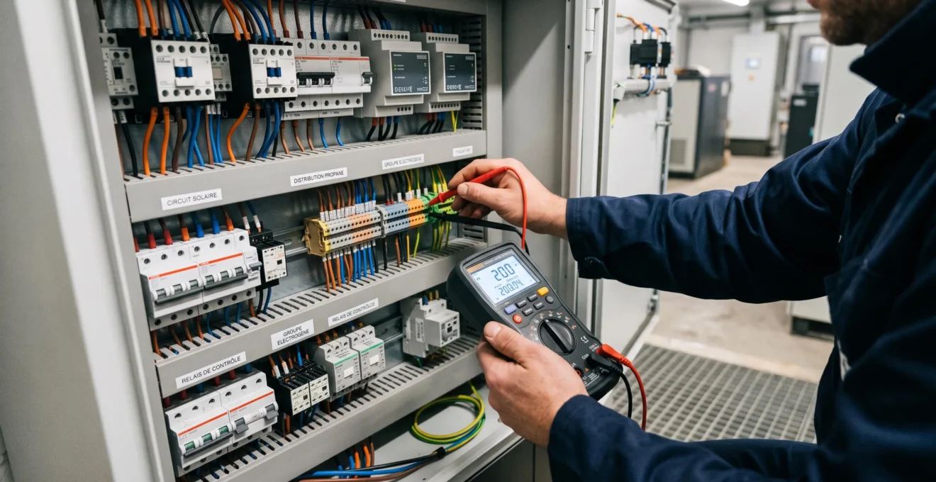 Mains d'un technicien utilisant un multimètre pour vérifier les paramètres électriques dans une armoire de contrôle énergétique